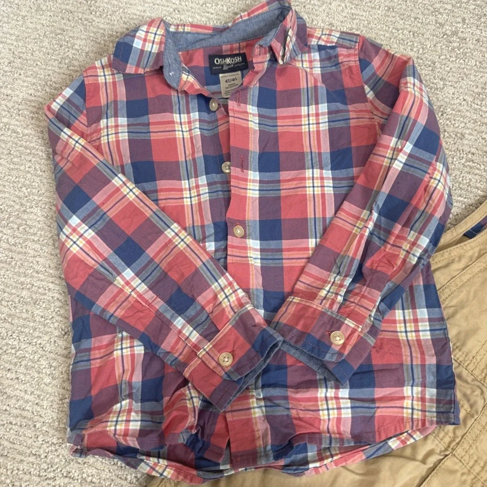 OshKosh Bgosh Toddler Boys 4T Plaid Shirt and Khaki Overalls 2 Piece Set